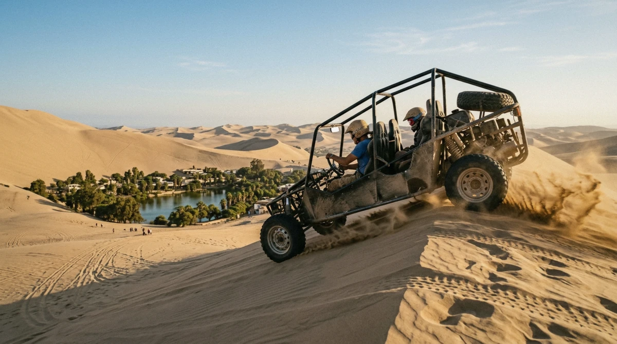 A dune buggy parked on the sand dunes above Huacachina, part of what a Huacachina trip from Lima actually costs beyond the tour fare