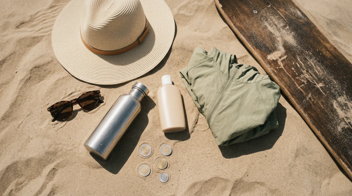 Sun hat, sunglasses, sunscreen and a sandboard laid out on the sand for a Huacachina sandboarding trip